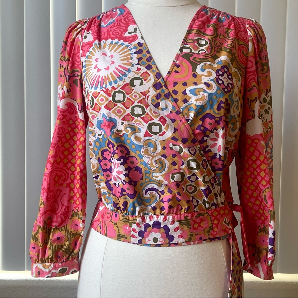 J. Crew Pink Paisley Vibrant Pink Orange Floral Wrap Bow Cropped Blouse J4577